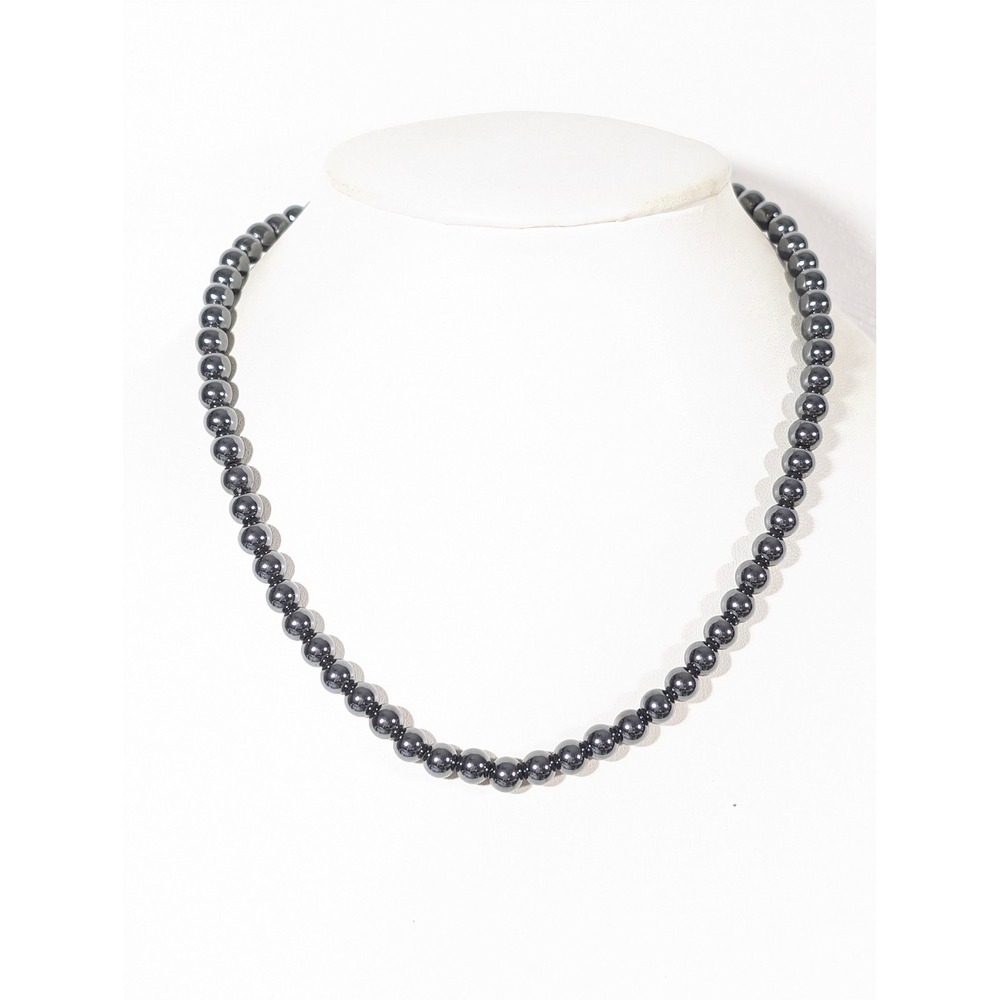 Gray Hematite Stone Graduated Round Bead Necklace 18 Inch Magnetic